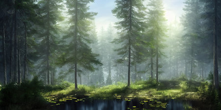 Summer landscape of a coniferous forest near the water