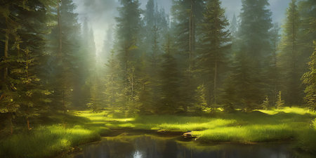 Summer landscape of a coniferous forest near the waterの写真素材