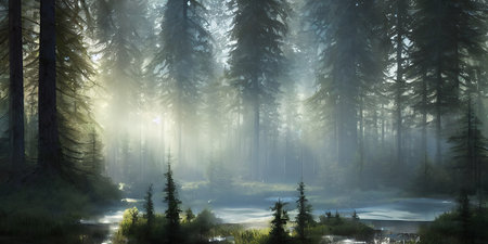 Summer landscape of a coniferous forest near the waterの写真素材