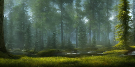 Summer landscape of a coniferous forest near the waterの写真素材