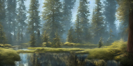 Summer landscape of a coniferous forest near the waterの写真素材