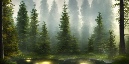 Summer landscape of a coniferous forest near the waterの写真素材