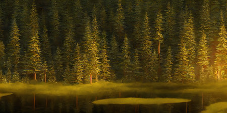 Summer landscape of a coniferous forest near the waterの写真素材