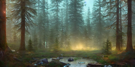 Summer landscape of a coniferous forest near the waterの写真素材