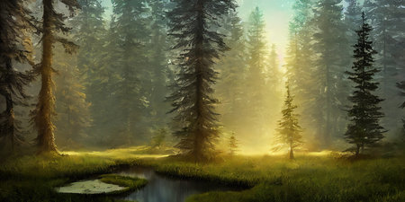 Summer landscape of a coniferous forest near the waterの写真素材