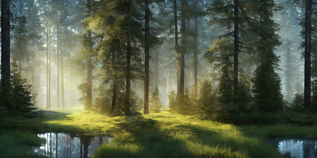 Summer landscape of a coniferous forest near the waterの写真素材