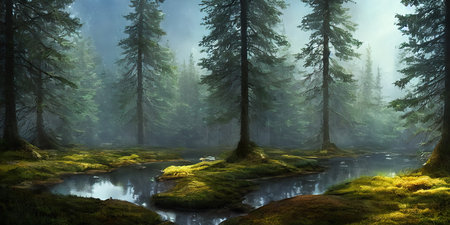 Summer landscape of a coniferous forest near the waterの写真素材