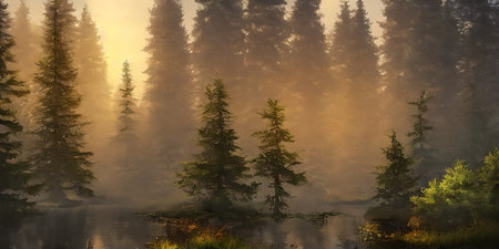 Summer landscape of a coniferous forest near the waterの写真素材