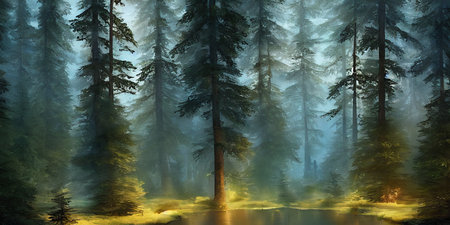 Summer landscape of a coniferous forest near the waterの写真素材