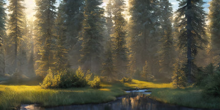Summer landscape of a coniferous forest near the waterの写真素材