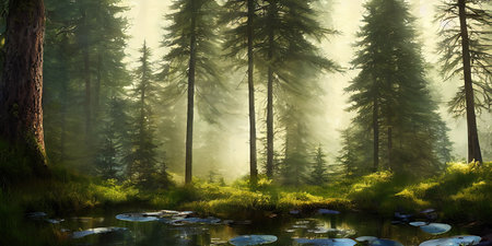 Summer landscape of a coniferous forest near the waterの写真素材