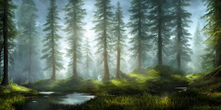 Summer landscape of a coniferous forest near the waterの写真素材