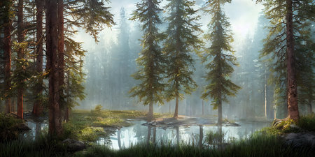 Summer landscape of a coniferous forest near the waterの写真素材