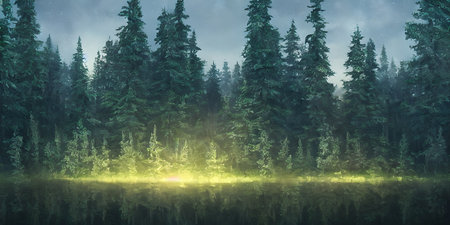 Summer landscape of a coniferous forest near the waterの写真素材