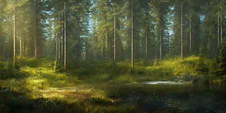 Summer landscape of a coniferous forest near the water