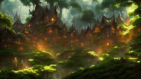 Mysterious village in the forest, Fairy tale adventure, book cover.の写真素材