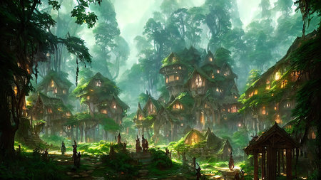 Mysterious village in the forest, Fairy tale adventure, book cover.の写真素材