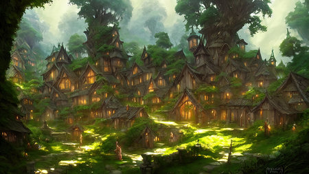 Mysterious village in the forest, Fairy tale adventure, book cover.の写真素材