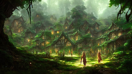 Mysterious village in the forest, Fairy tale adventure, book cover.の写真素材