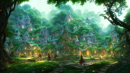 Mysterious village in the forest, Fairy tale adventure, book cover.の写真素材