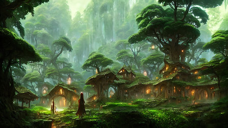 Mysterious village in the forest, Fairy tale adventure, book cover.の写真素材
