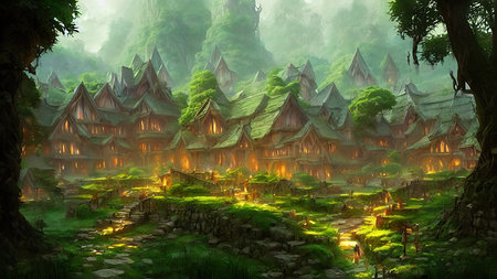 Mysterious village in the forest, Fairy tale adventure, book cover.の写真素材