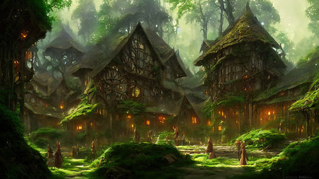 Mysterious village in the forest, Fairy tale adventure, book cover.の写真素材