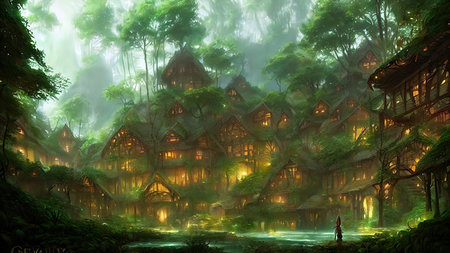 Mysterious village in the forest, Fairy tale adventure, book cover.の写真素材