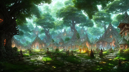 Mysterious village in the forest, Fairy tale adventure, book cover.の写真素材