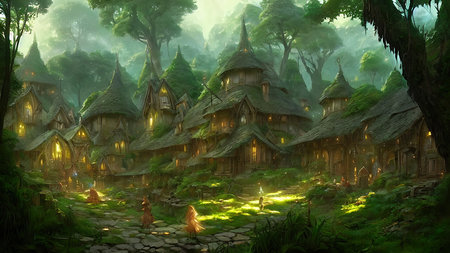 Mysterious village in the forest, Fairy tale adventure, book cover.の写真素材