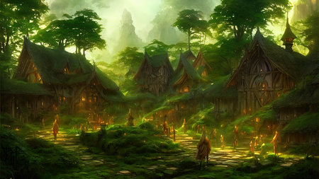 Mysterious village in the forest, Fairy tale adventure, book cover.の写真素材