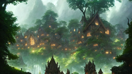 Mysterious village in the forest, Fairy tale adventure, book cover.の写真素材