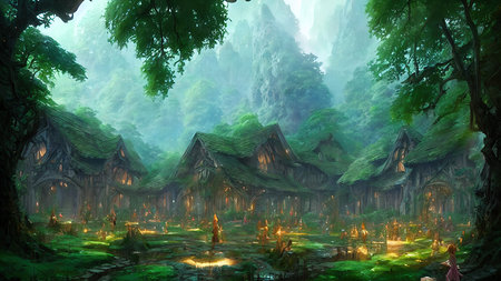 Mysterious village in the forest, Fairy tale adventure, book cover.の写真素材