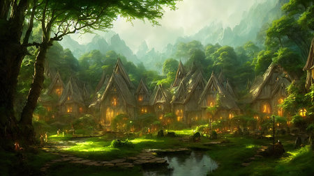 Mysterious village in the forest, Fairy tale adventure, book cover.の写真素材