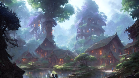 Mysterious village in the forest, Fairy tale adventure, book cover.の写真素材