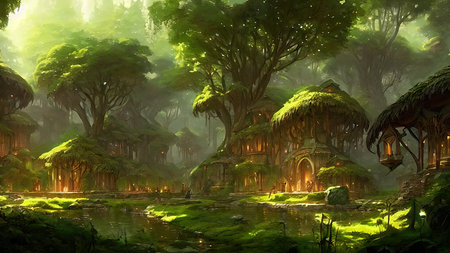 Mysterious village in the forest, Fairy tale adventure, book cover.の写真素材