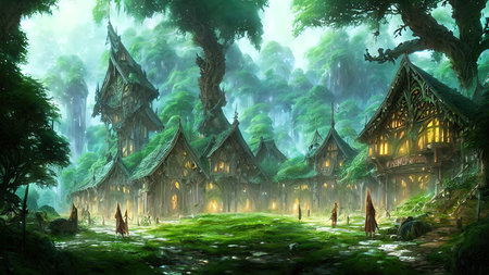 Mysterious village in the forest, Fairy tale adventure, book cover.の写真素材