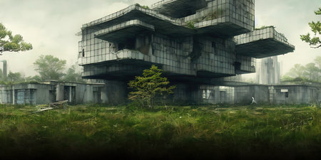 Architecture of the future, a ruined city overgrown with greenery. Concept art, idea for...