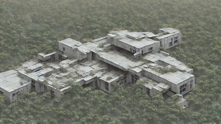 Architecture of the future, a ruined city overgrown with greenery. Concept art, idea for...