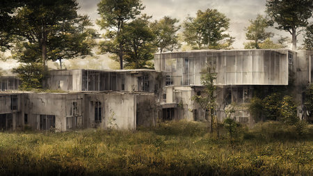 Architecture of the future, a ruined city overgrown with greenery. Concept art, idea for inspiration.の写真素材