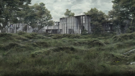 Architecture of the future, a ruined city overgrown with greenery. Concept art, idea for inspiration.の写真素材