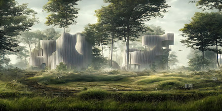 Architecture of the future, a ruined city overgrown with greenery. Concept art, idea for...