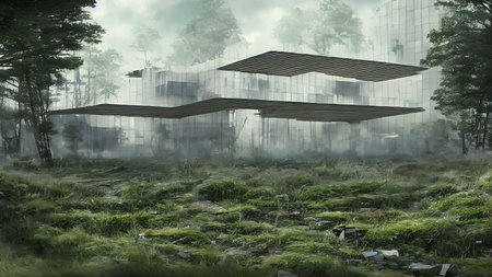 Architecture of the future, a ruined city overgrown with greenery. Concept art, idea for inspiration.の写真素材