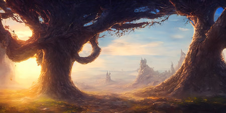 Large tree base, fabulous landscape. Illustration.の写真素材