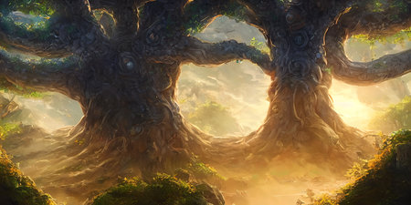 Large tree base, fabulous landscape. Illustration.