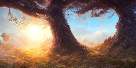 Large tree base, fabulous landscape. Illustration.の写真素材