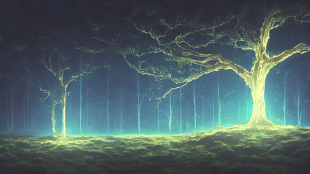 Magical Forest. Beautiful light falling through the trees. Cyberpunk style.の写真素材