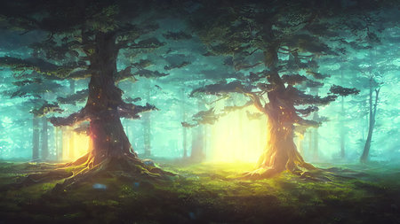 Magical Forest. Beautiful light falling through the trees. Cyberpunk style.の写真素材