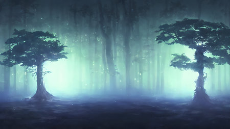 Magical Forest. Beautiful light falling through the trees. Cyberpunk style.の写真素材