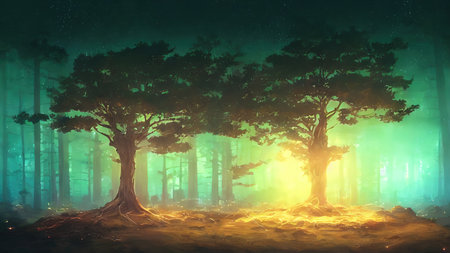 Magical Forest. Beautiful light falling through the trees. Cyberpunk style.の写真素材